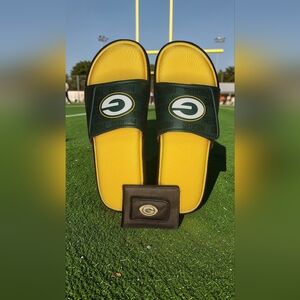 Green Bay Packers Sport Slides By FOCO Size 13 Mens & Genuine Leather Wallet NWT